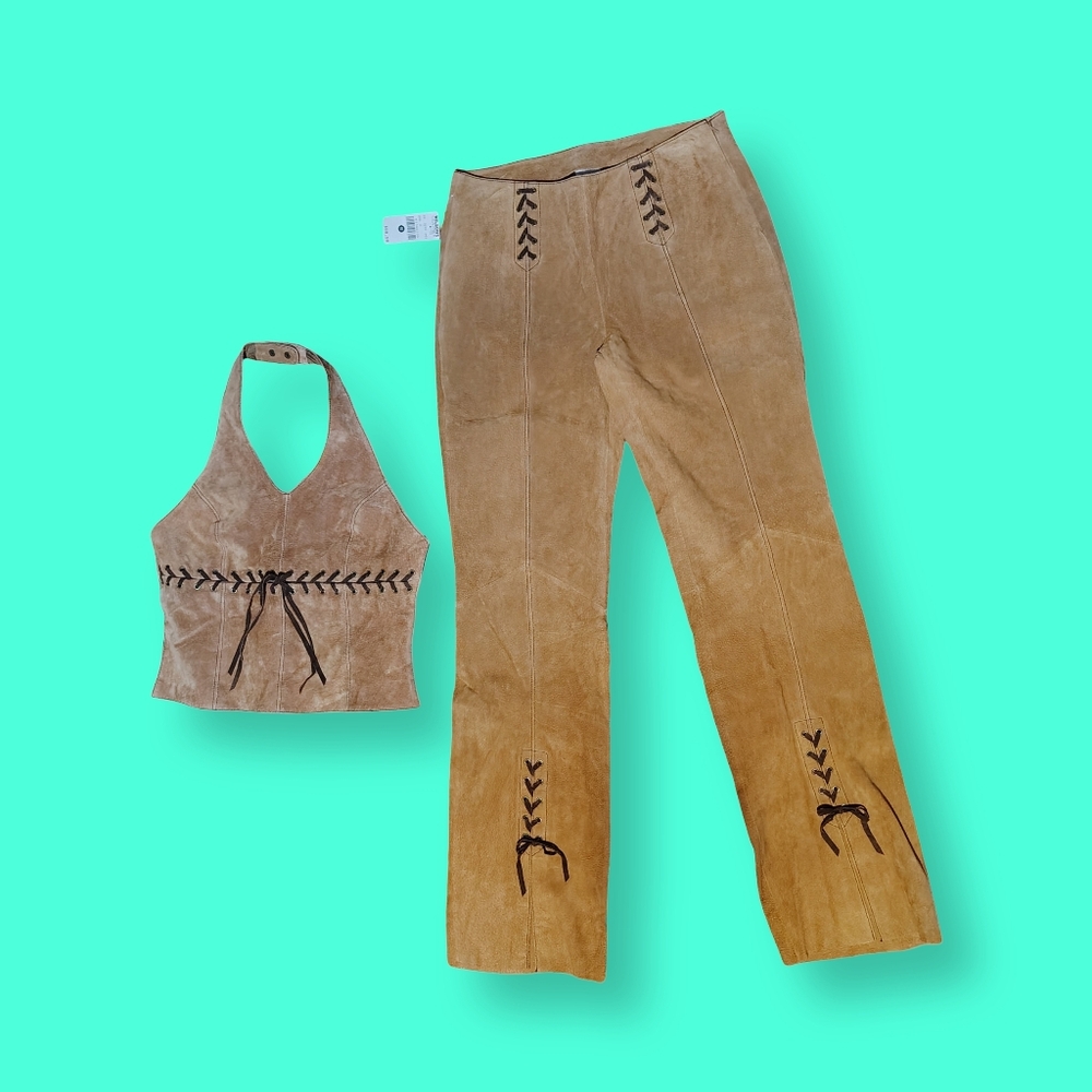 Western Wilsons Leather Tan Suede Boot Cut Pants & Halter Corset Top Set